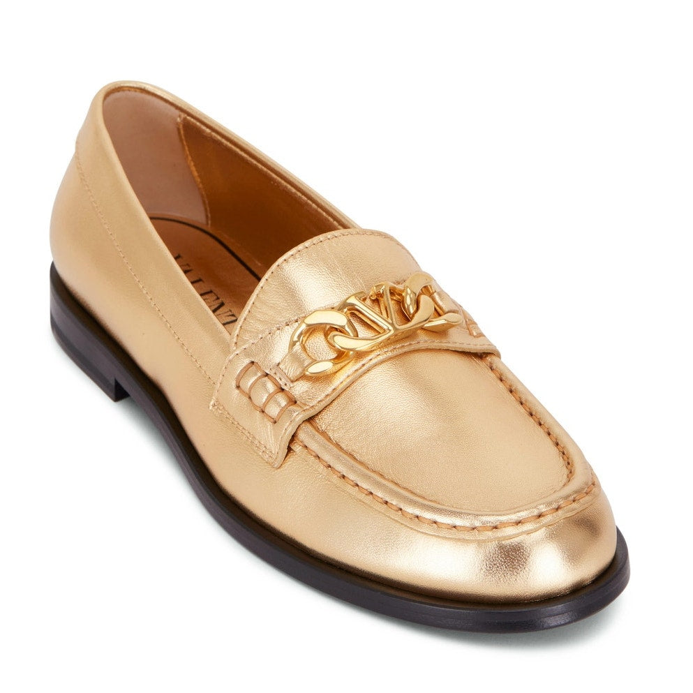 NIB Valentino Garavani  Vlogo Chain Metallic Napa Leather Loafers Gold 38.5