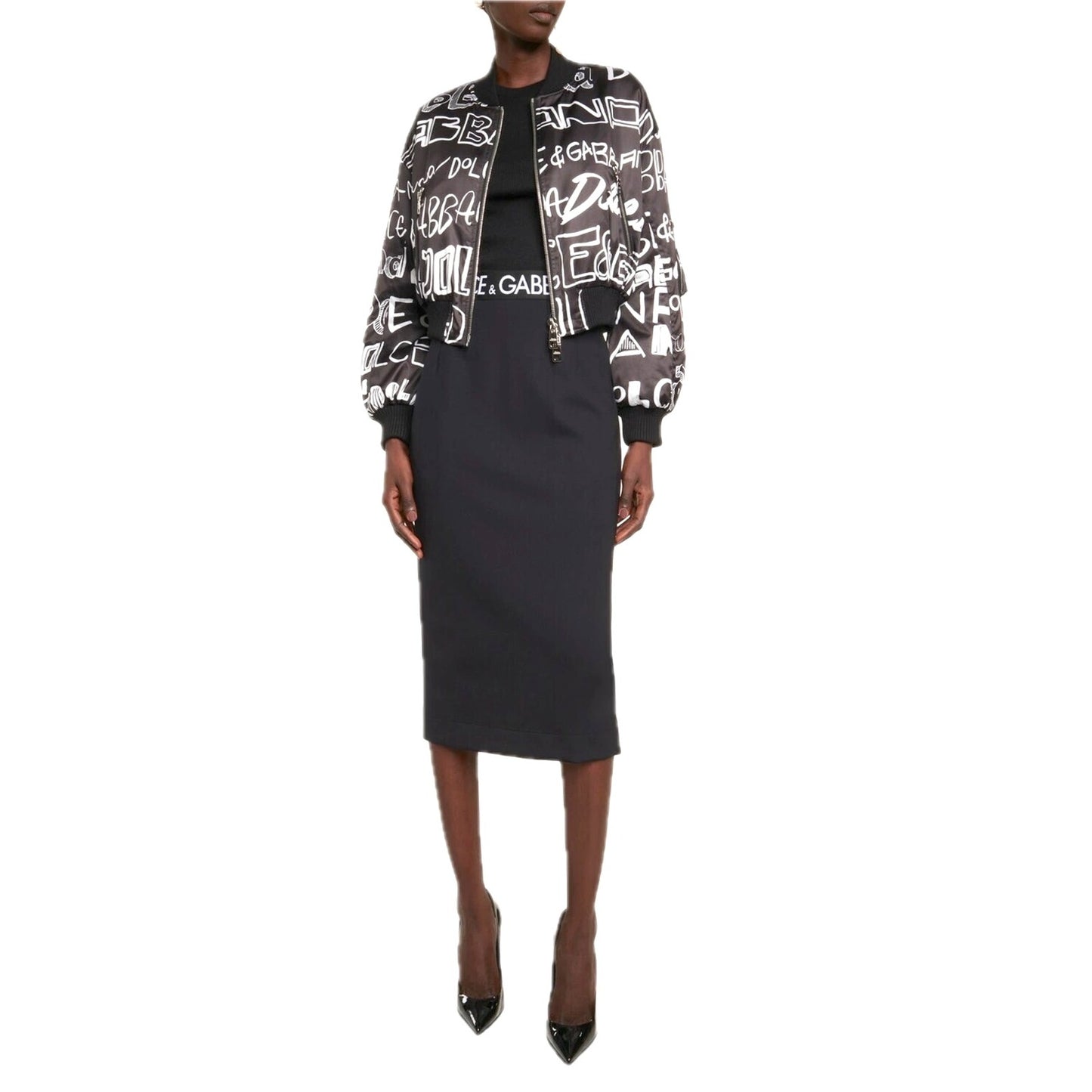 NWT Dolce & Gabbana Black White Logo Print Zip up Bomber Jacket IT 38 US XS