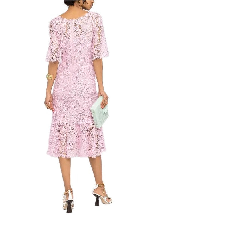 NWT Dolce & Gabbana Lace Overlay Short Sleeve Midi Dress 40 S