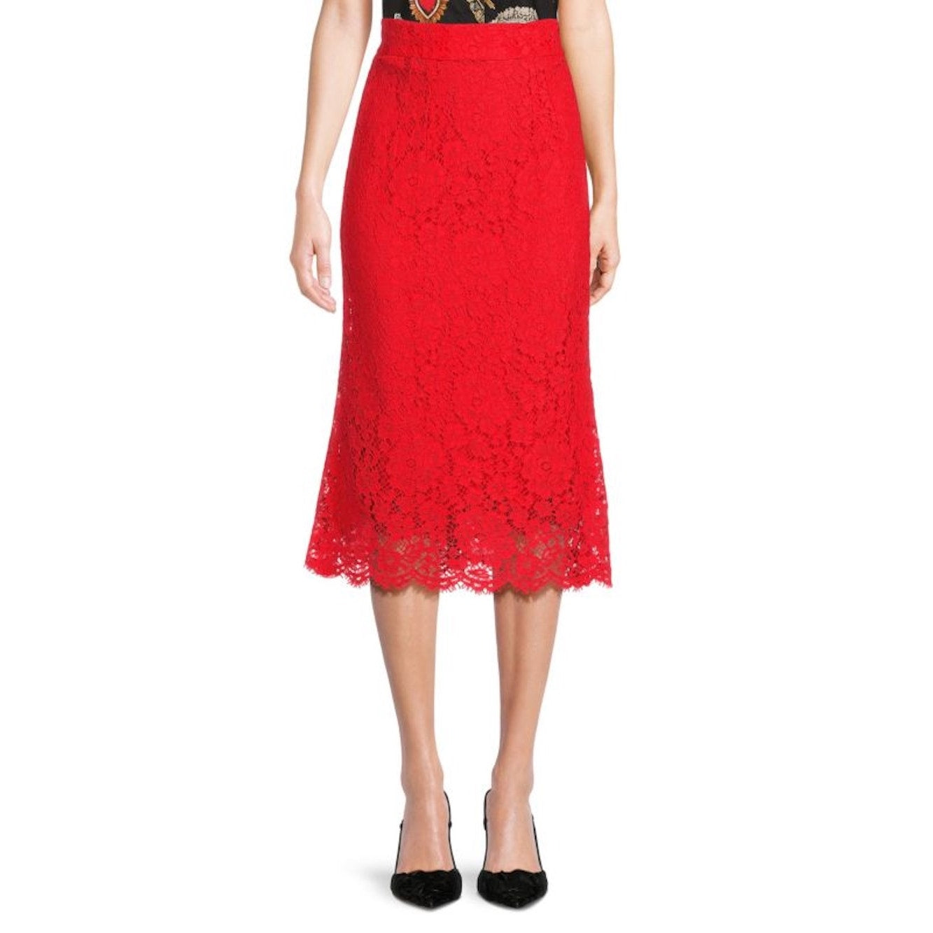 NWT Dolce & Gabbana Red corded Lace Midi Skirt IT 38 US XS