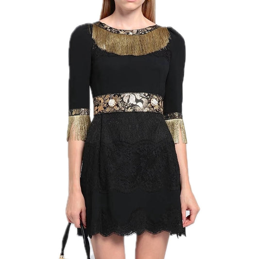 NWT Dolce & Gabbana Black Gold Fringe Mini Lace dress IT 42 M
