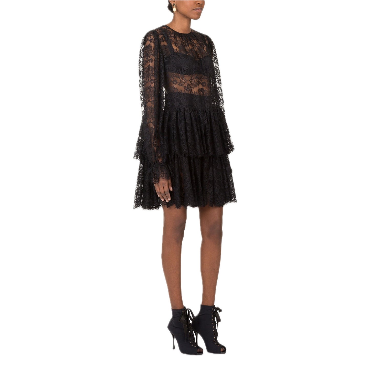 NWT Dolce & Gabbana Black Ruffled Short Lace Dress 40 S