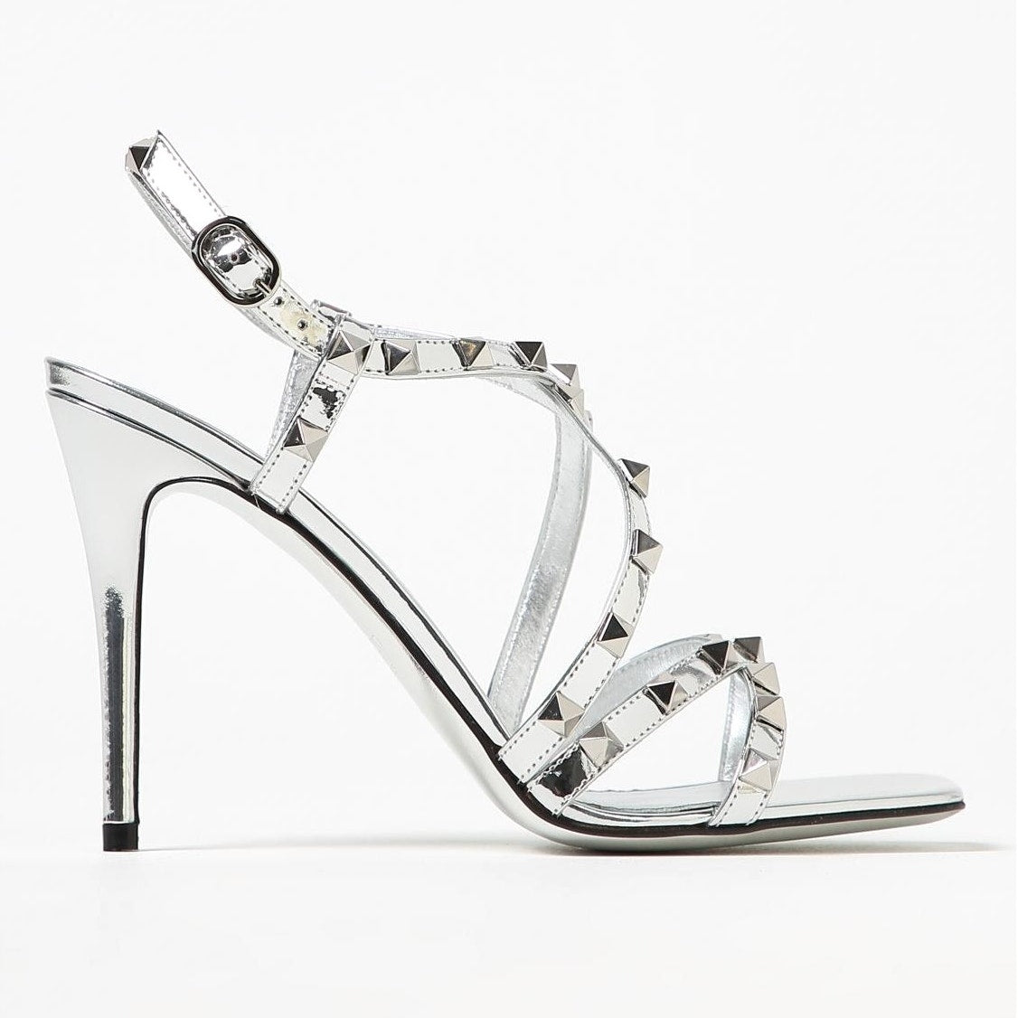 NIB Valentino Garavani Silver 100 Rockstud Mirrored Strappy Sandals 36