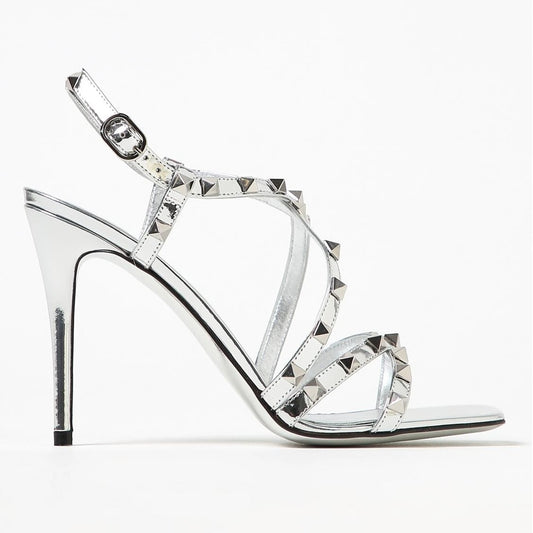 NIB Valentino Garavani Silver 100 Rockstud Mirrored Strappy Sandals 36