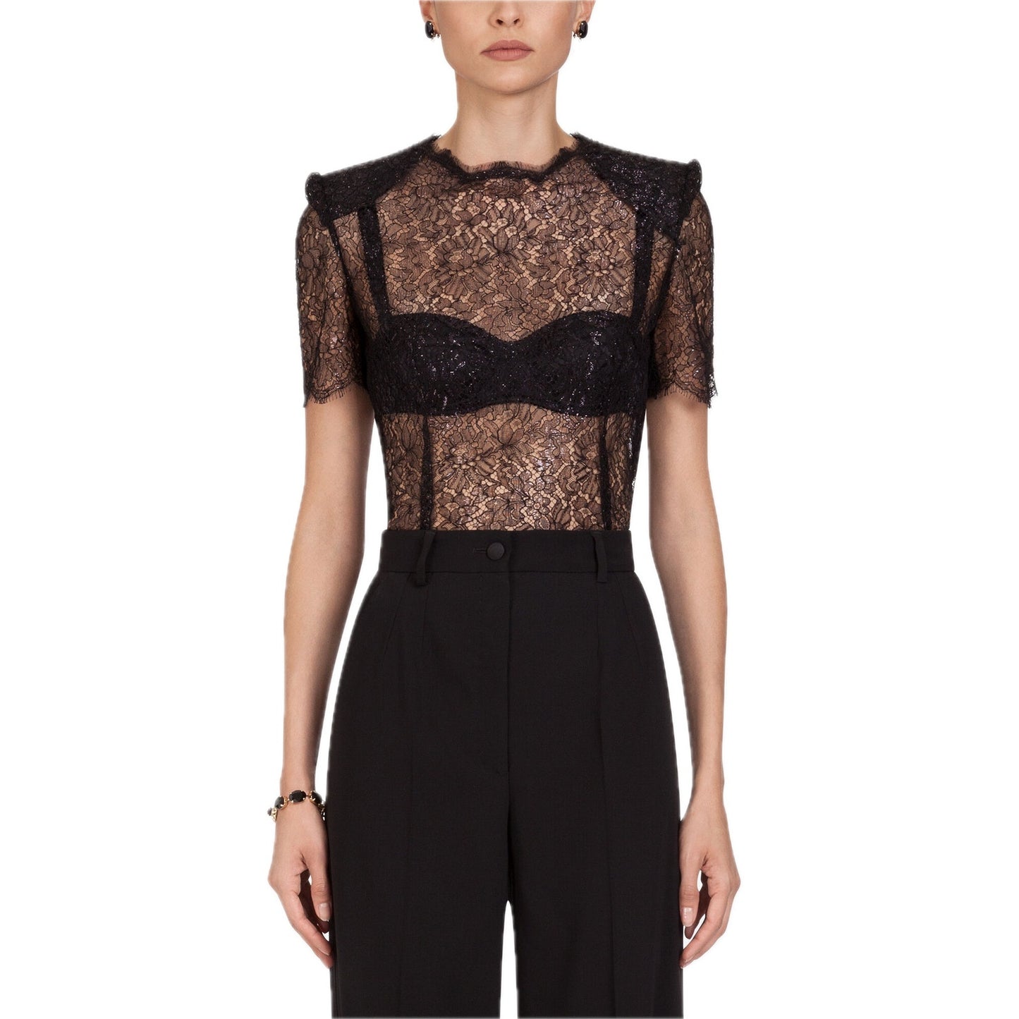 Dolce & Gabbana Black Short sleeve Lame Lace Top Blouse