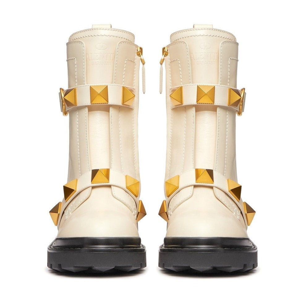 Valentino Garavani Roman Stud Ankle Boots in Calfskin 120mm Ivory Gold 36