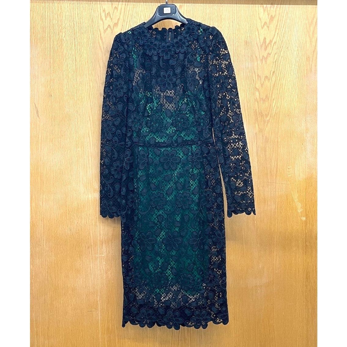 Dolce & Gabbana Black Green Long-Sleeve Lace Dress Contrast Slip