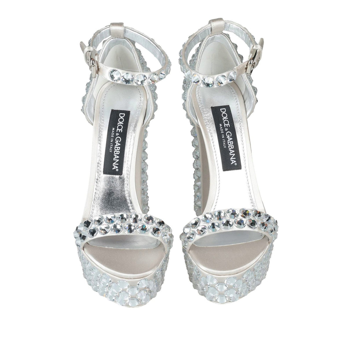DOLCE & GABBANA Crystal Metallic Leather Platform Heeled Sandals Silver 38