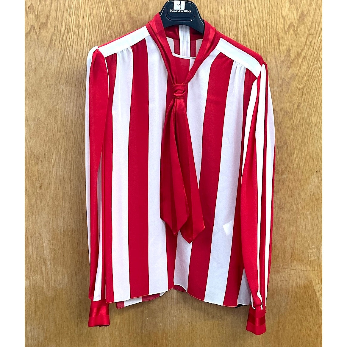 NWT Dolce & Gabbana Red White Striped Silk Crepe De Chine Blouse IT 40 S