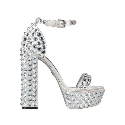 DOLCE & GABBANA Crystal Metallic Leather Platform Heeled Sandals Silver 38