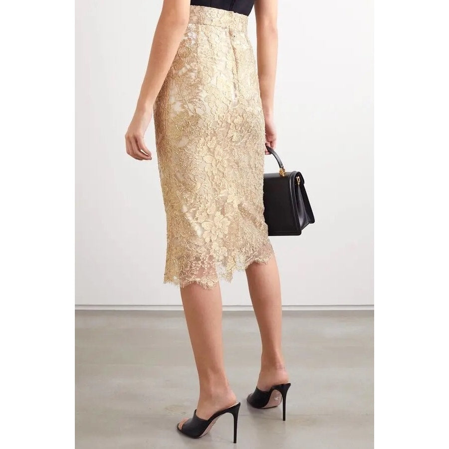 NWT Dolce & Gabbana Metallic Gold Lace Brocade Midi Skirt IT 38 US XS