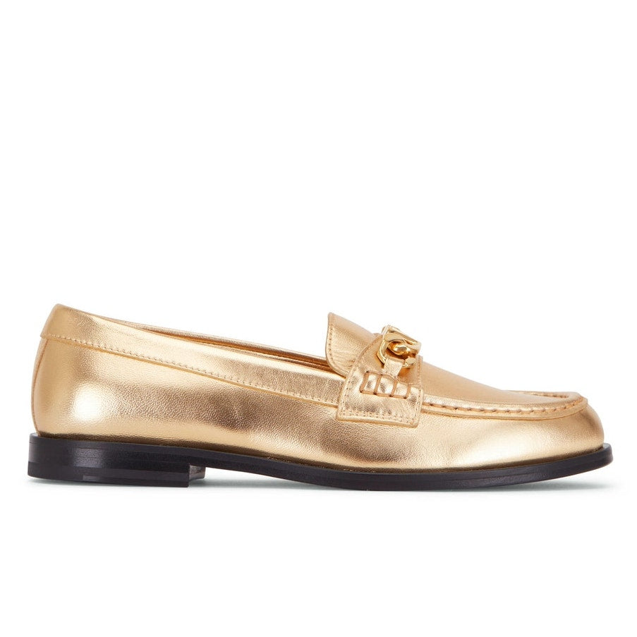 NIB Valentino Garavani  Vlogo Chain Metallic Napa Leather Loafers Gold 38.5