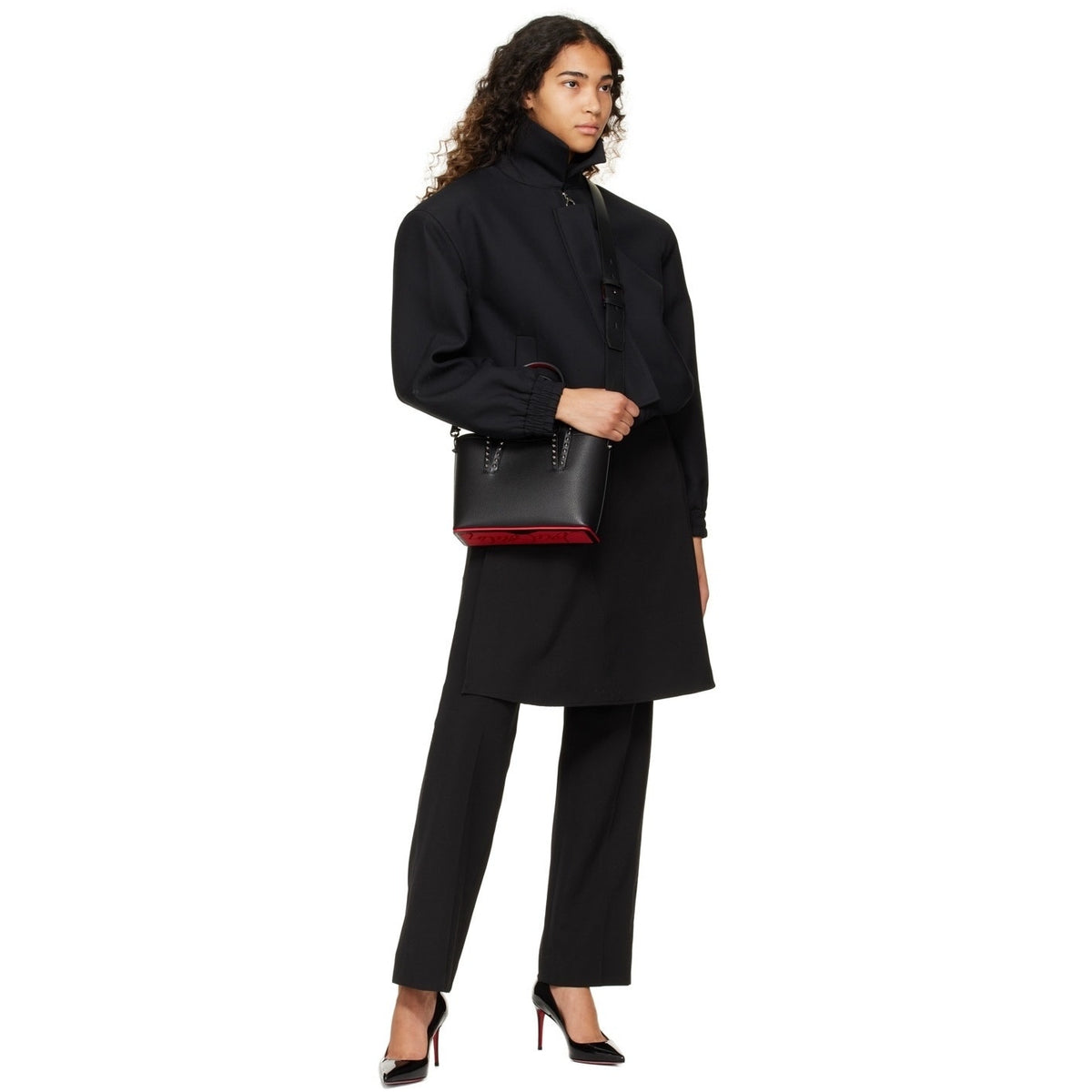 Christian Louboutin Cabata Mini Calf leather spikes Tote Bag Black Red