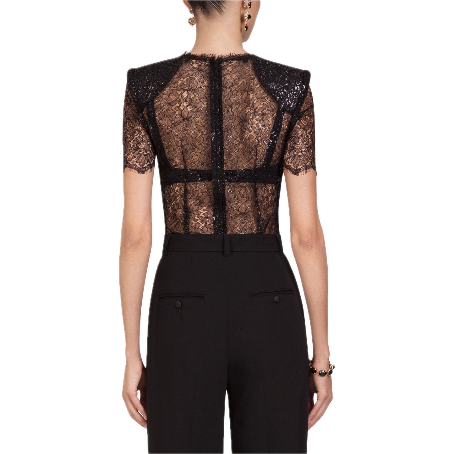 Dolce & Gabbana Black Short sleeve Lame Lace Top Blouse