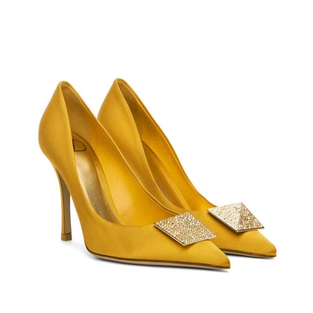 Valentino Garavani Yellow Crystal One Stud Pointed-toe Satin Pumps 39.5