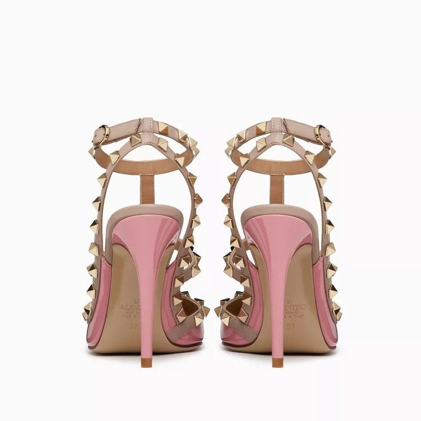 Valentino Garavani Rockstud 100 Caged Leather Pumps Pink Tan  37.5