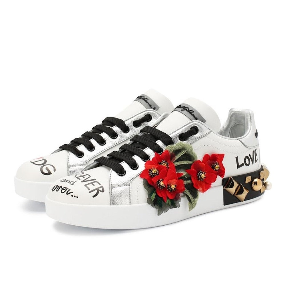 Dolce & Gabbana Portofino Leather Sneakers Geranium studs