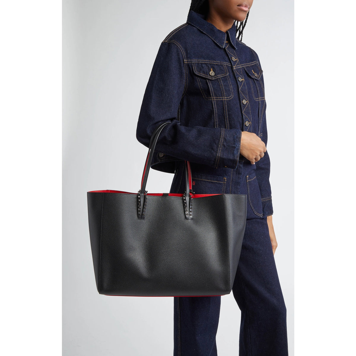 Christian Louboutin Cabata Calf leather spikes Tote Bag Black Red
