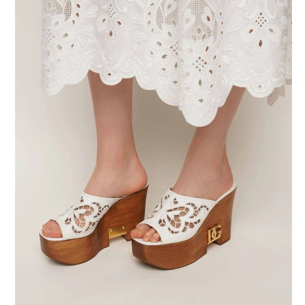 Dolce & Gabbana Leather Wood Clog Mules Wedge Slides White 35.5