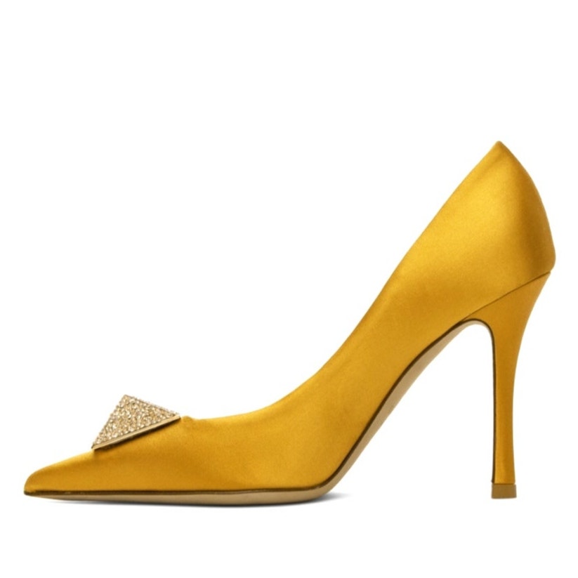 Valentino Garavani Yellow Crystal One Stud Pointed-toe Satin Pumps 39.5