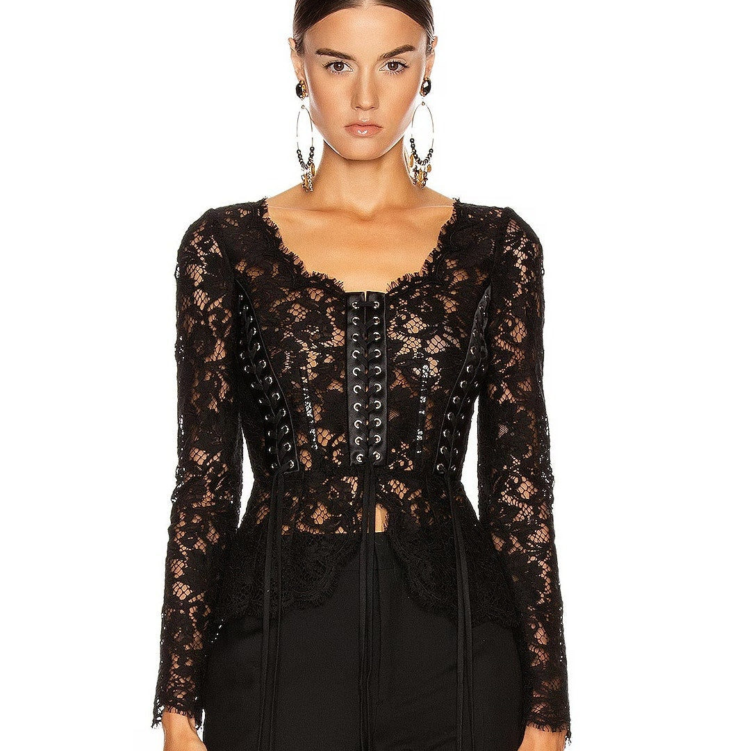 NWT Dolce & Gabbana Black Lace Long Sleeve Top Blouse IT 40 S