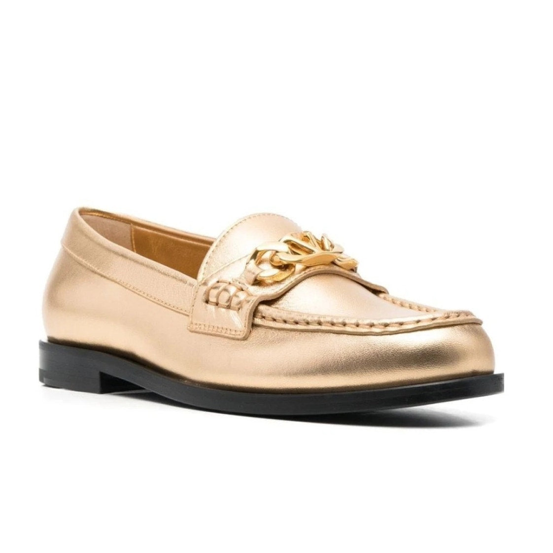 NIB Valentino Garavani  Vlogo Chain Metallic Napa Leather Loafers Gold 38.5