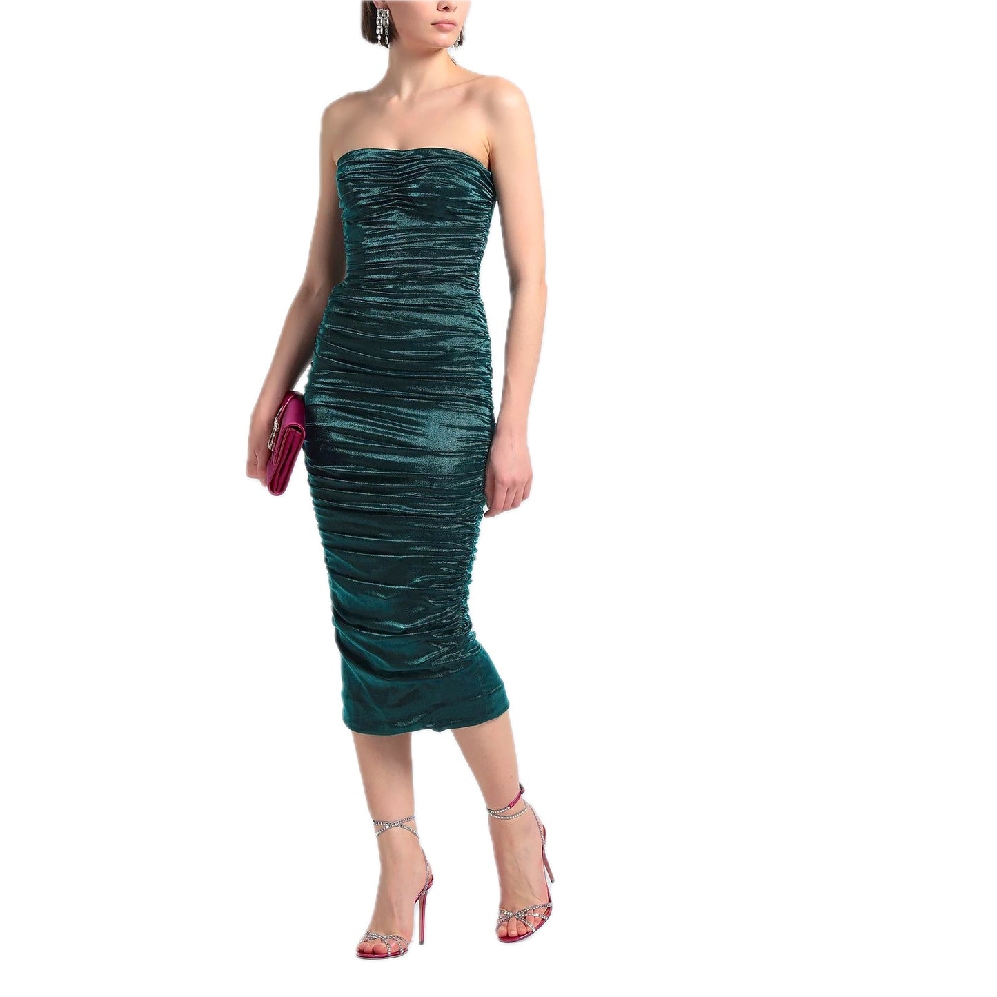 Dolce & Gabbana Green Longuette Lame Satin Ruched Bodycon Midi Dress