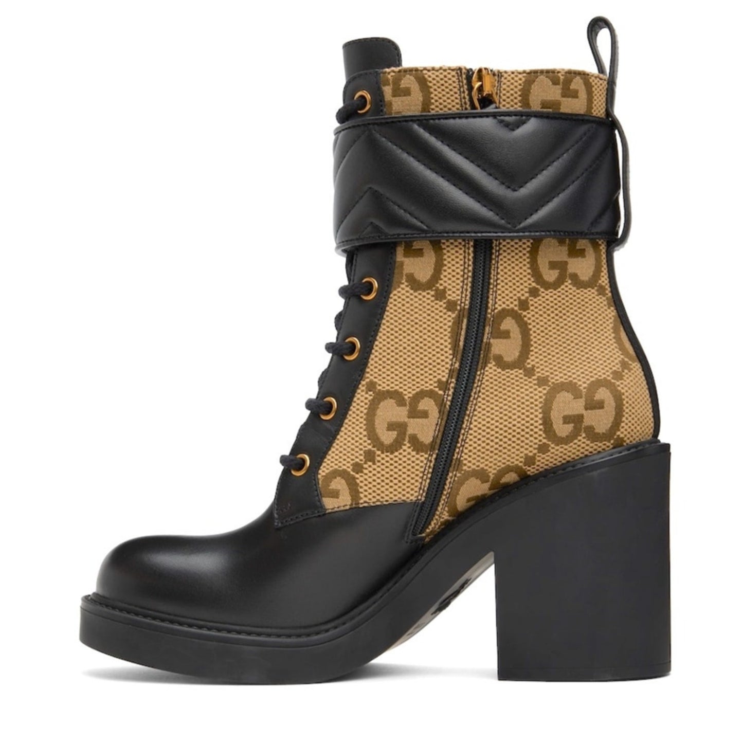 Gucci Beige & Black GG Marmont Combat Ankle Boots  Leather Canvas
