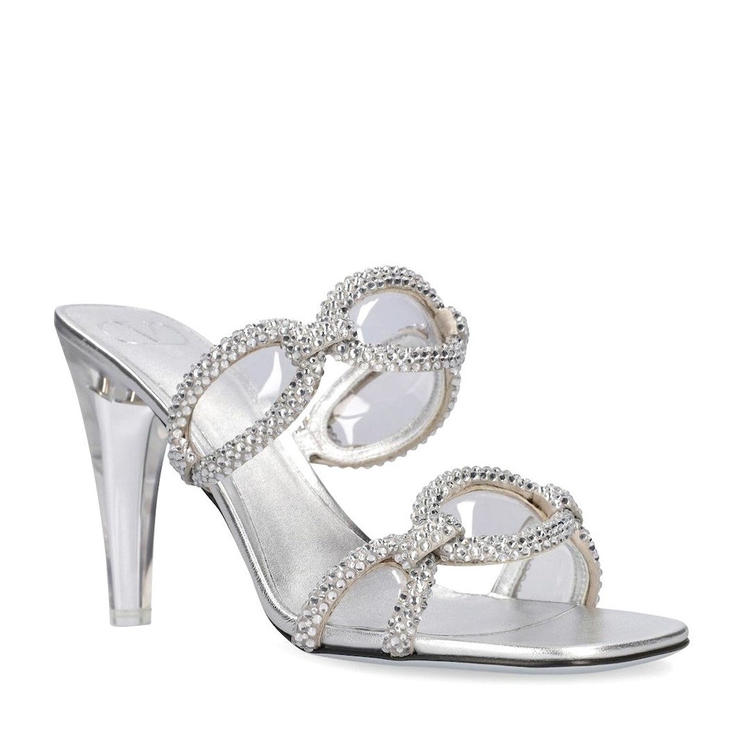 Valentino Garavani Silver Chain 1967 Crystal Slip On Heeled Slide Sandal