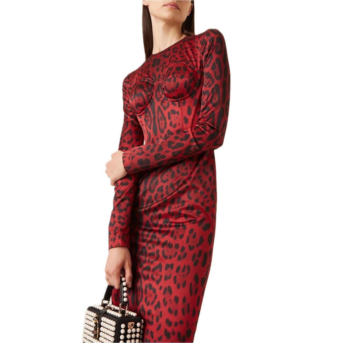 NWT Dolce & Gabbana Red Tubino bustier  Leopard-Print Satin Midi Dress 40 S