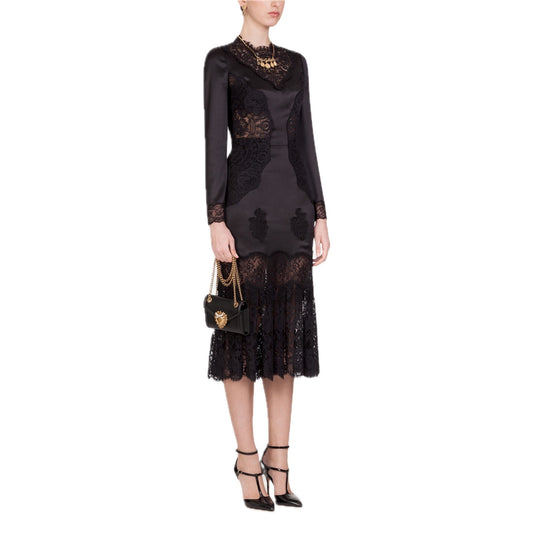 NWT Dolce & Gabbana Chantilly Lace Silk Satin Midi Dress Black IT 40 US S