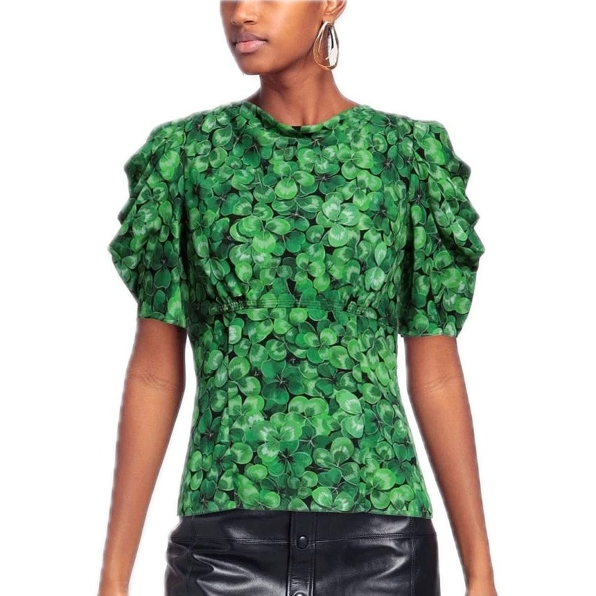 NWT Dolce & Gabbana Green Clover Print Blouse Silk IT 36 XXS
