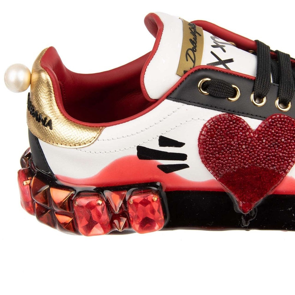 Dolce & Gabbana Portofino Calfskin Heart Rhinestone Sneakers White Red