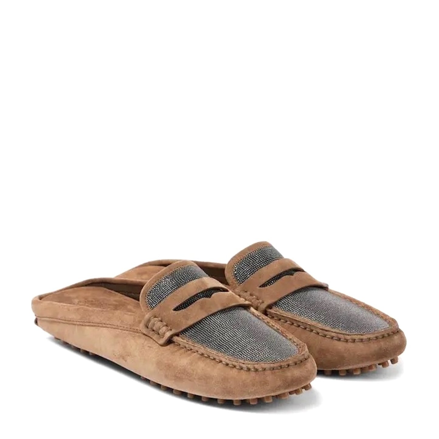 Brunello Cucinelli Monili Suede Driving Mules Brown