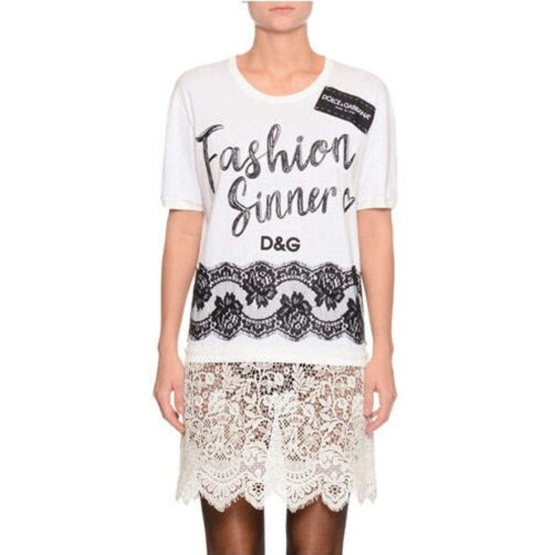 NWT Dolce & Gabbana Oversized Fashion Sinner Lace Trim Long T Shirt 36 XXS