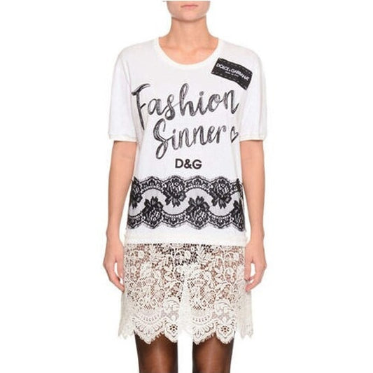 NWT Dolce & Gabbana Oversized Fashion Sinner Lace Trim Long T Shirt 36 XXS