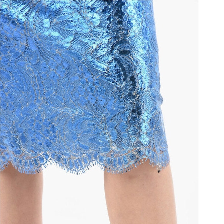 NWT Dolce & Gabbana Blue Metallic Coated Lace Pencil Skirt IT 38 US XS