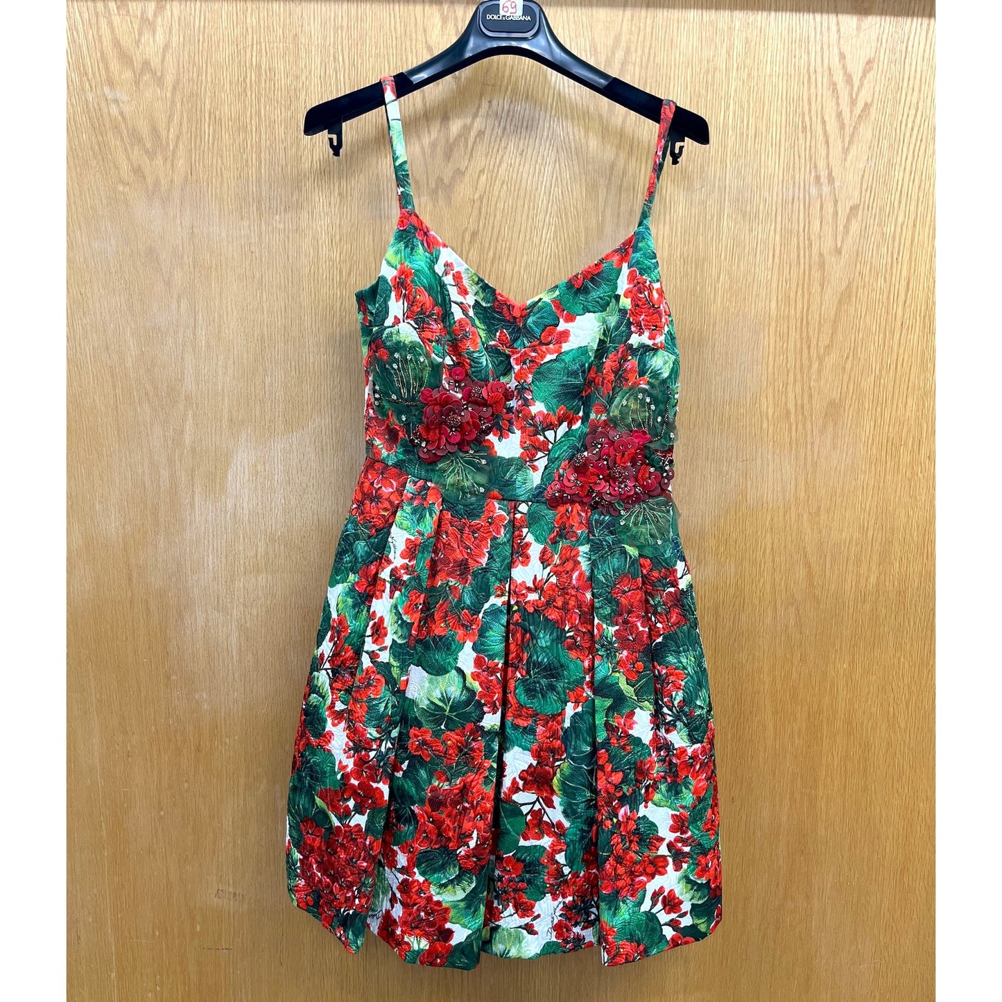 NWT Dolce & Gabbana Red Floral Geranium Pleated Mini Dress IT 42 M