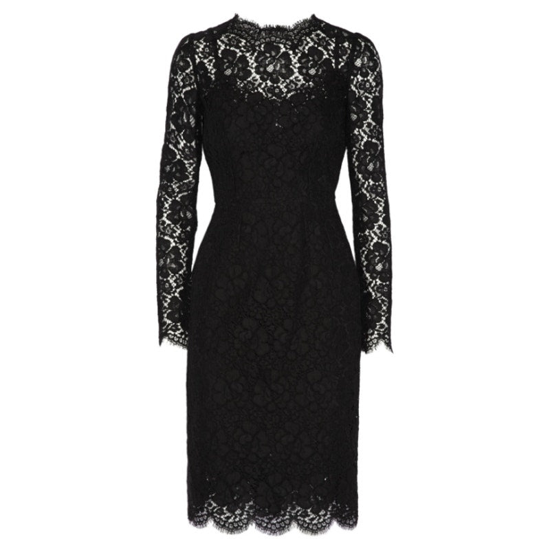 NWT Dolce & Gabbana Black Corded Lace Long Sleeve Midi Dress 46 XL
