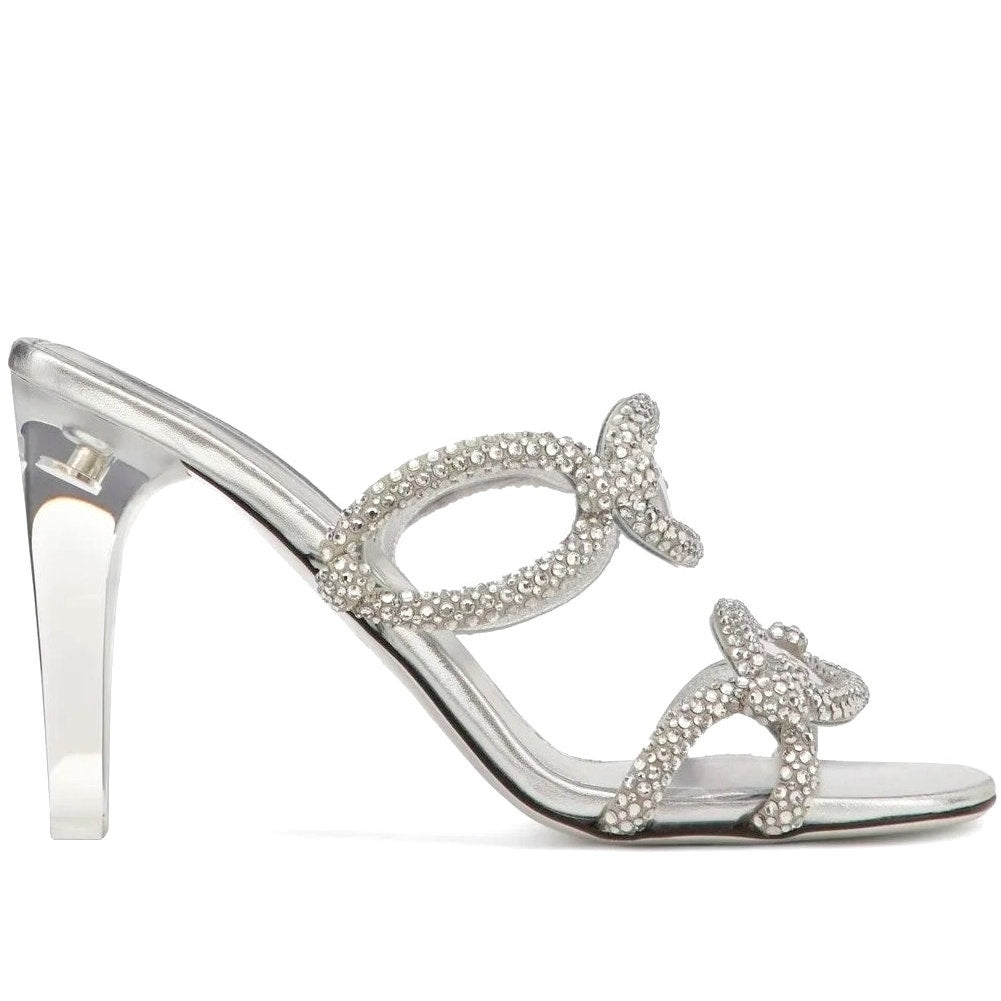 Valentino Garavani Silver Chain 1967 Crystal Slip On Heeled Slide Sandal