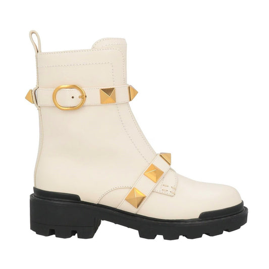 Valentino Garavani Roman Stud Ankle Boots in Calfskin 120mm Ivory Gold 36