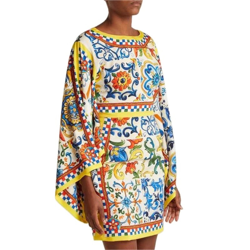 NWT Dolce & Gabbana White Yellow Majolica print Silk Charmeuse Dress IT 40 S