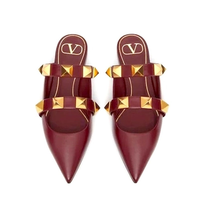 Valentino Garavani Burgundy Roman Stud Flat Leather Mules Gold 35.5