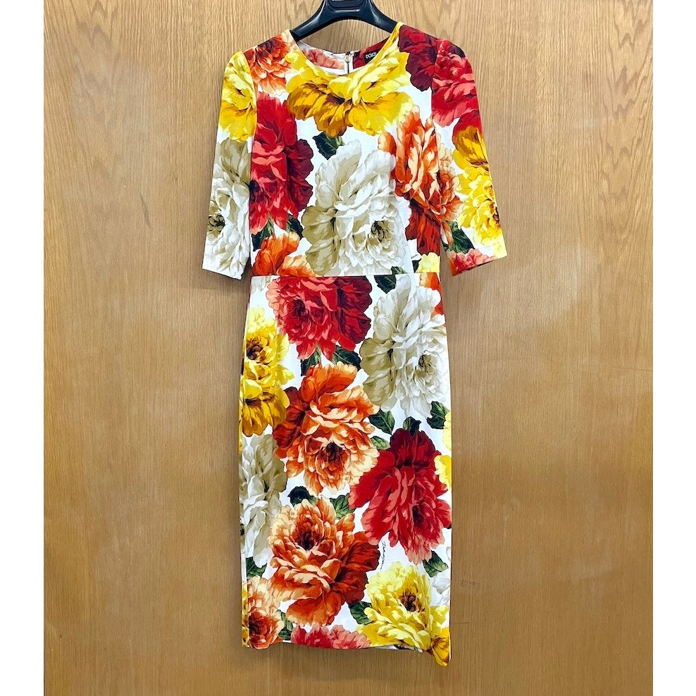 NWT Dolce & Gabbana Multicolor Marigold Floral Print Sheath Midi Dress IT 38 XS