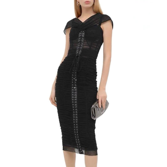 NWT Dolce & Gabbana Black lace-up corset midi Tulle Ruched Bustier Dress 40 S