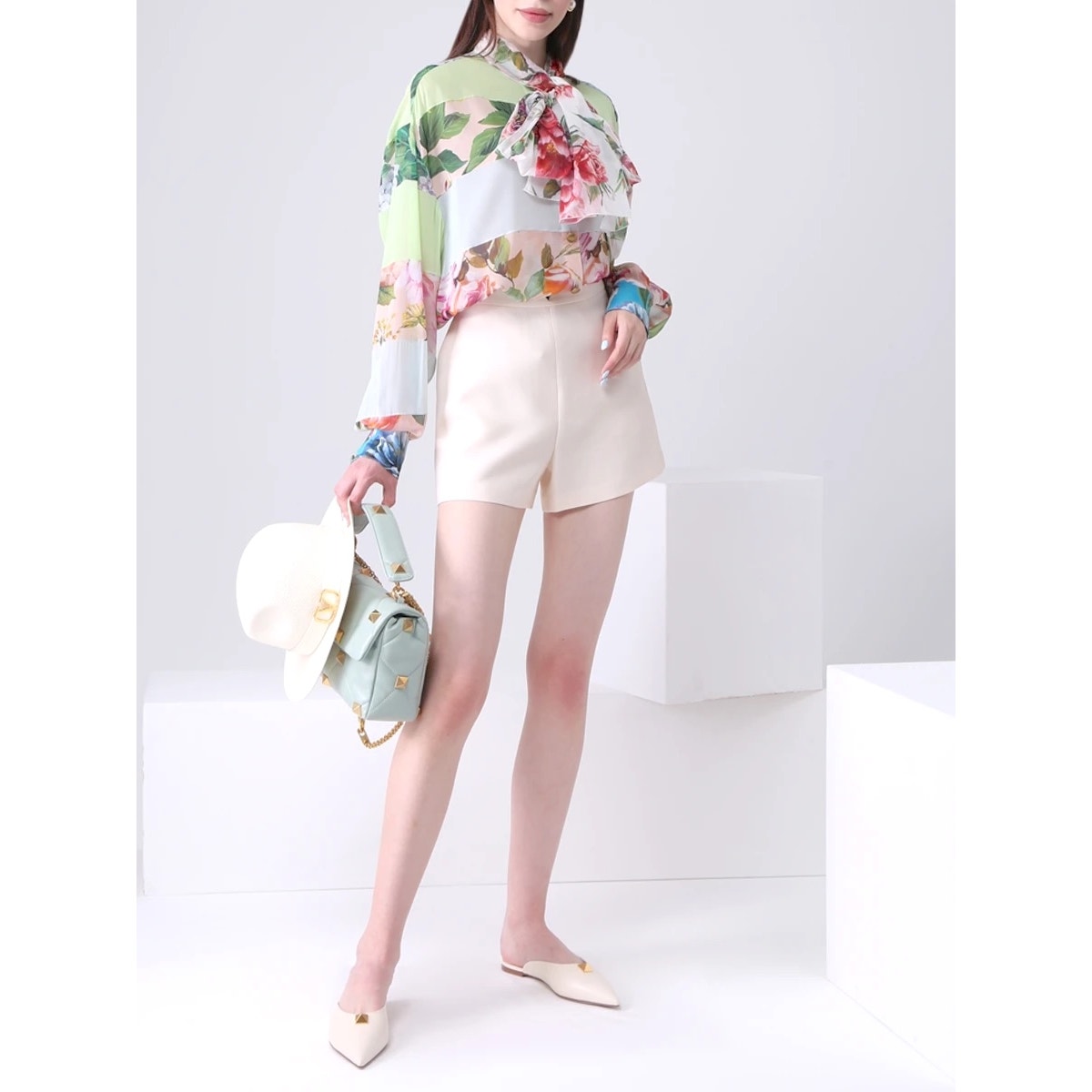 NWT Dolce & Gabbana Floral Patchwork Blouse Tie Collar Silk Shirt Pink IT 38 XS