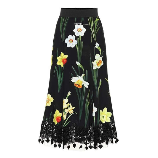 DOLCE & GABBANA Black Daffodil-print Cady Midi Skirt  IT 40 US S
