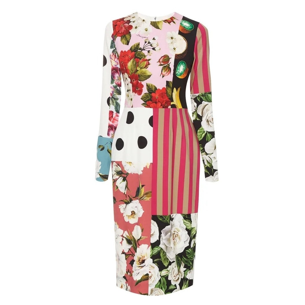 NWT Dolce & Gabbana Runway Multicolor Patchwork Long Sleeve Midi Dress IT 40 S
