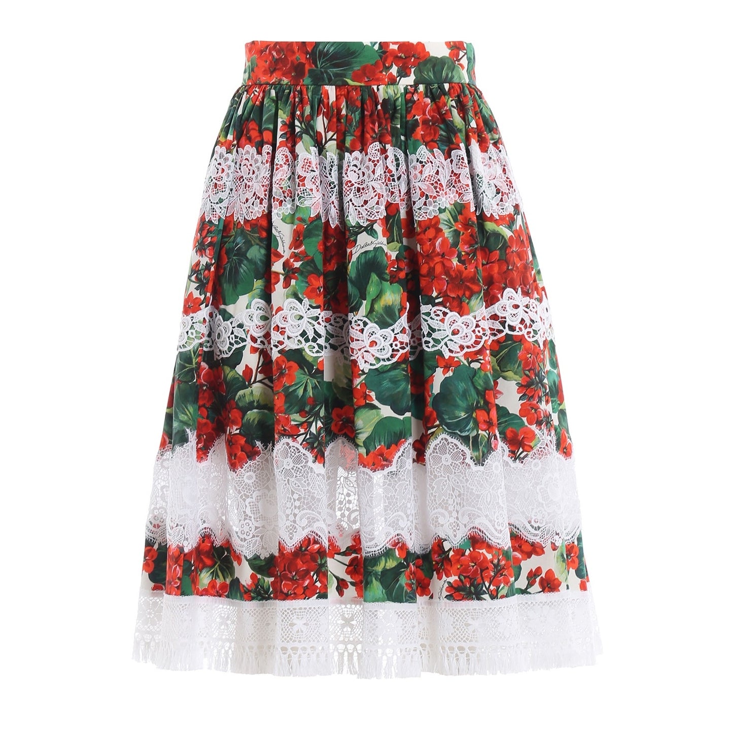 NWT Dolce & Gabbana Red Portofino Geranium print Poplin Lace Midi Skirt IT 42 US M
