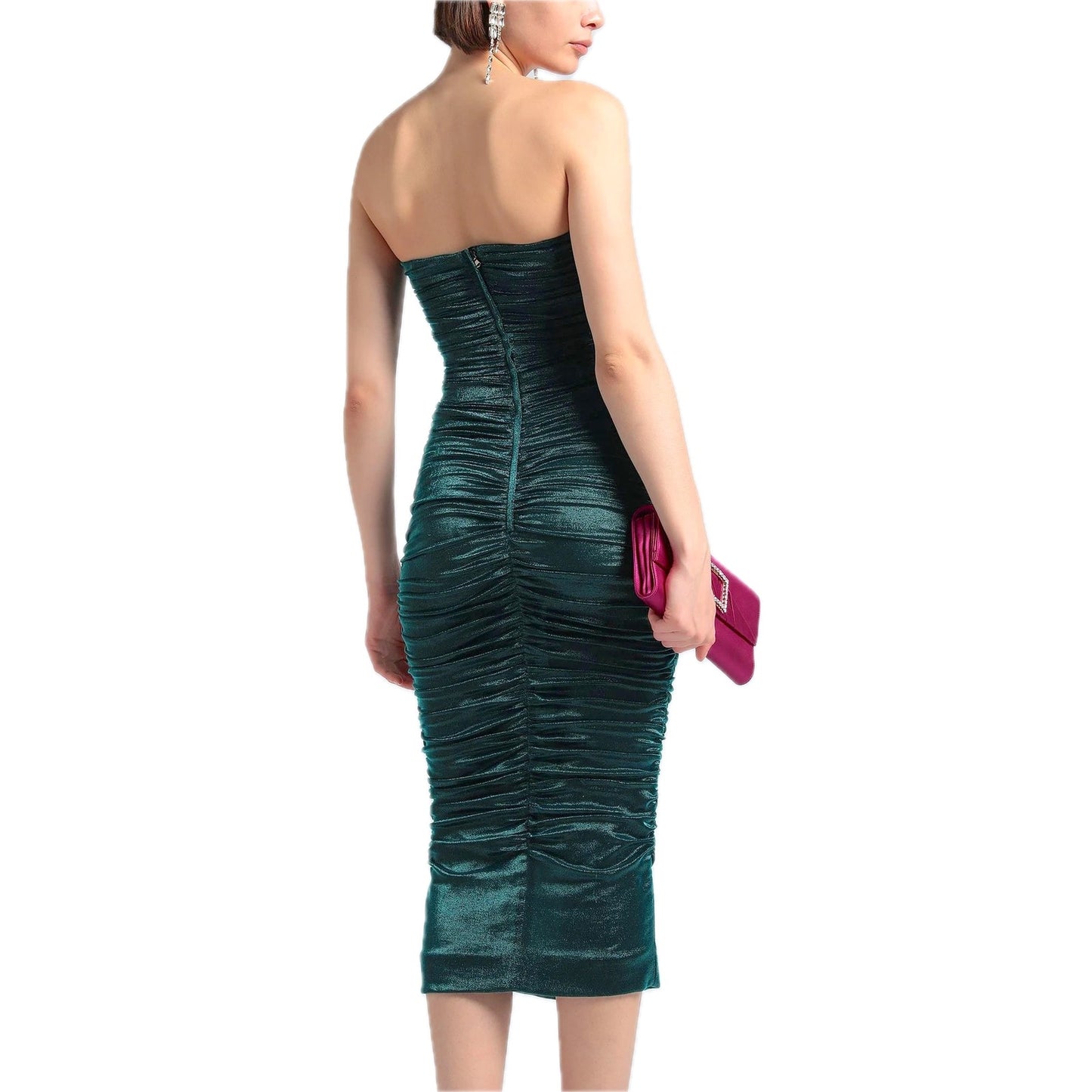 Dolce & Gabbana Green Longuette Lame Satin Ruched Bodycon Midi Dress
